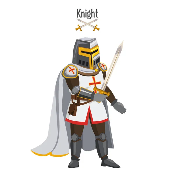 Chevalier médiéval en armure, guerrier, avec une épée à la main, manteau, casque, attributs. Vecteur, illustration, dessin animé, isolé — Image vectorielle
