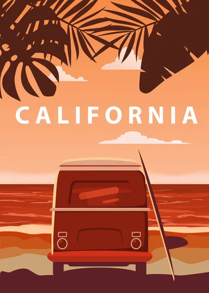 冲浪者橙色巴士, 面包车, 露营车与冲浪板在热带海滩上。海报加州棕榈树和蓝色的海洋背后。现代设计的复古例证, 隔绝, 向量 — 图库矢量图片
