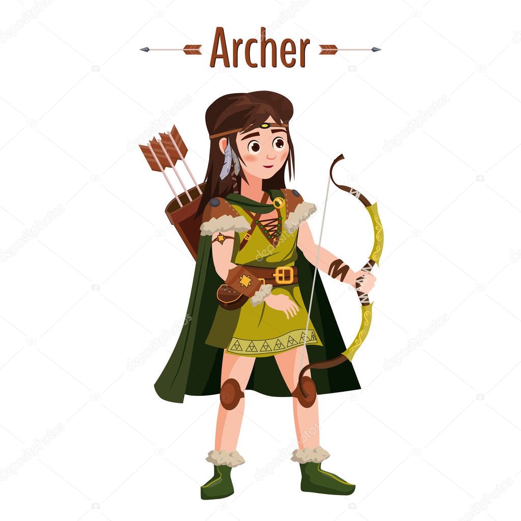 Archer girl warrior with bow, arrows, quiver. European medieval character in traditional costume. Vector Illustration isolated. Cartoon style