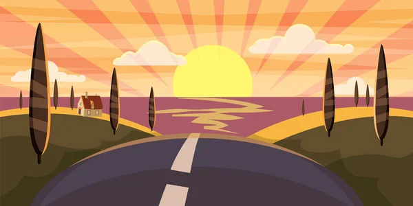 Paisagem dos desenhos animados com estrada, higway e pôr do sol verão, mar, sol, árvores. Viagem, férias, viagens. Ilustração vetorial, isolado, estilo cartoon — Vetor de Stock