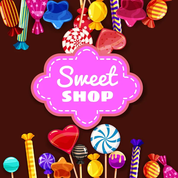 Conjunto de fondo Candy Sweet Shop de diferentes colores de dulces, dulces, dulces, caramelos, frijoles de jalea. Plantilla, cartel, bandera, vector, aislado, estilo de dibujos animados — Vector de stock