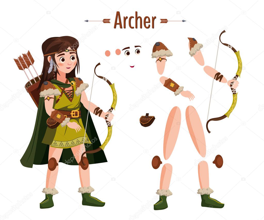 Medieval archer woman in armor, with bow in hand, cloak, attributes. For animation in games, applications. Vector, illustration, cartoon style, isolated