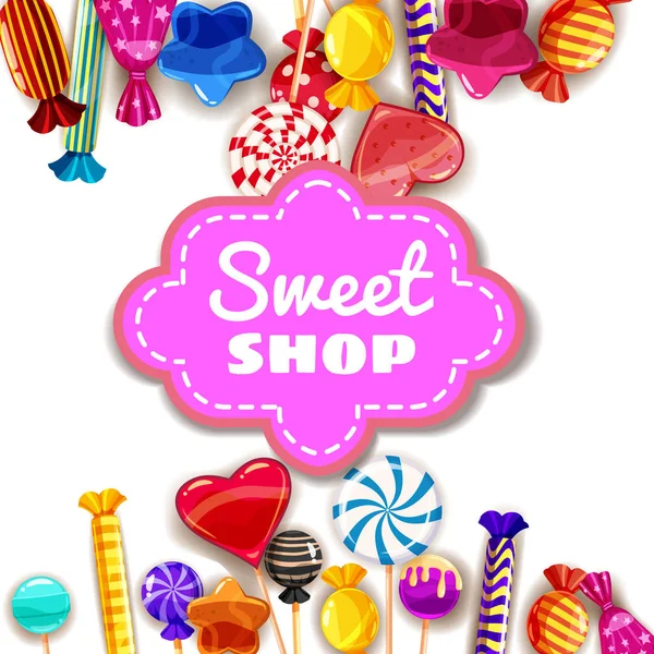 Candy édes Shop háttér meg különböző színű cukorka, édesség, édesség, candy, zselés bab. Sablon, plakát, transzparens, vektor, elszigetelt, rajzfilm stílusú — Stock Vector