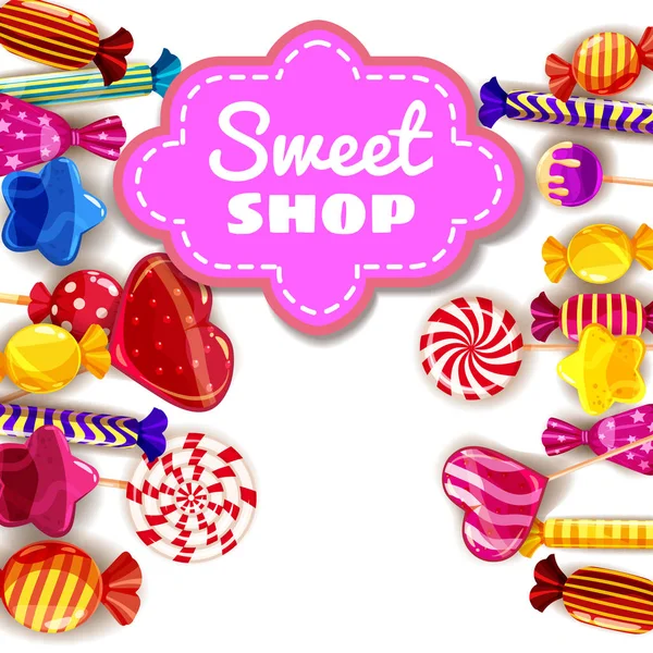 Conjunto de fondo Candy Sweet Shop de diferentes colores de dulces, dulces, dulces, caramelos, frijoles de jalea. Plantilla, cartel, bandera, vector, aislado, estilo de dibujos animados — Vector de stock