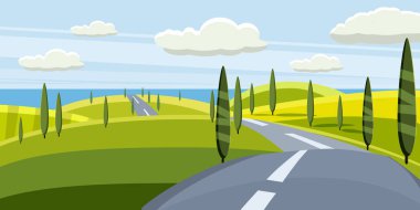 Yol, yolu ve yaz, deniz, Güneş, ağaçlar, yatay çizgi. Gezi, tatil, seyahat. Vektör çizim, karikatür tarzı izole,