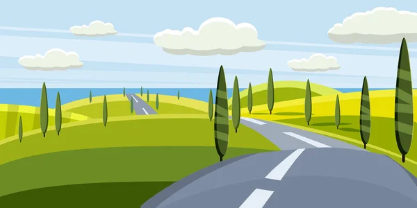 Paisaje de dibujos animados con carretera, autopista y verano, mar, sol, árboles. Viaje, vacaciones, viajes. Ilustración vectorial, aislado, estilo de dibujos animados — Vector de stock