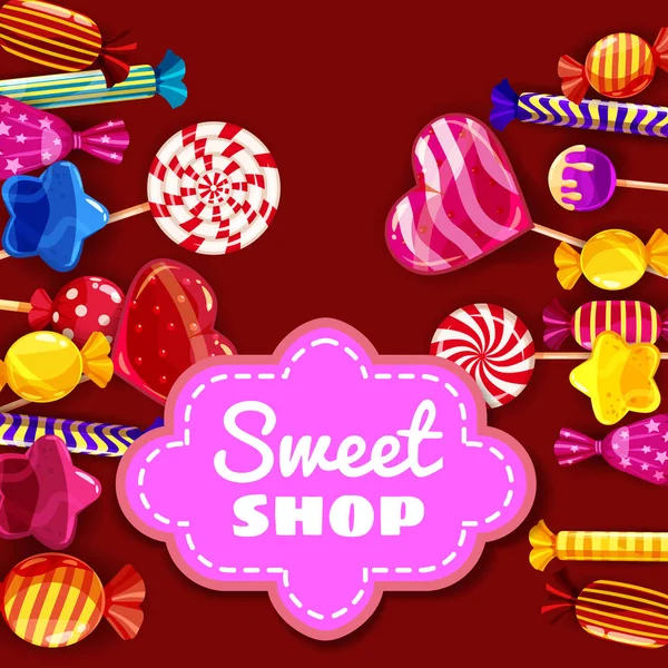 Candy Sweet Shop conjunto de fundo de diferentes cores de doces, doces, doces, doces, gomas. Modelo, cartaz, banner, vetor, isolado, estilo dos desenhos animados — Vetor de Stock