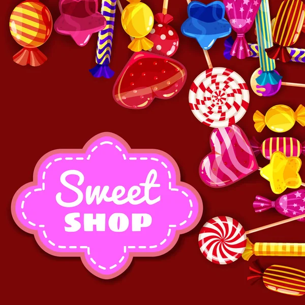 Conjunto de fondo Candy Sweet Shop de diferentes colores de dulces, dulces, dulces, caramelos, frijoles de jalea. Plantilla, cartel, bandera, vector, aislado, estilo de dibujos animados — Vector de stock