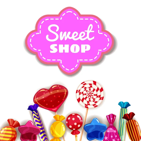 Conjunto de plantillas Candy Sweet Shop de diferentes colores de caramelos, dulces, dulces, caramelos, gominolas. Fondo, cartel, bandera, vector, aislado, estilo de dibujos animados — Vector de stock