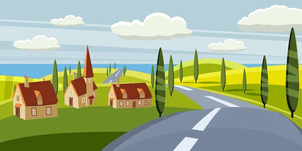 Cartoon-Landschaft mit Straße, Higway, Landschaft und Sommer, Meer, Sonne, Bäume, Weiden, Häuser. Reise, Urlaub, Reise. Vektor Illustration, isoliert, Cartoon-Stil — Stockvektor