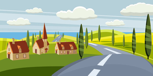 Мультфильм пейзаж с дорогой, проселочной дорогой, сельской местностью и летом, морем, солнцем, деревьями, дикими деревьями, домами. Поездка, отпуск, путешествия. Векторная иллюстрация, изолированный, мультяшный стиль

