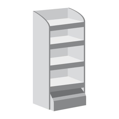 Rack raf süpermarket kat vitrinler üzerinde beyaz bir arka plan için. Reklam Pos POI. İnce beyaz. Düzen şablonu. Vektör çizim. İzole