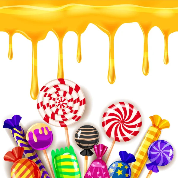 Conjunto de plantillas coloridas Candy Sweet Shop de diferentes colores de dulces, dulces, dulces, caramelos, frijoles jalea con gotas de caramelo. Fondo, cartel, bandera, vector, aislado, estilo de dibujos animados — Vector de stock