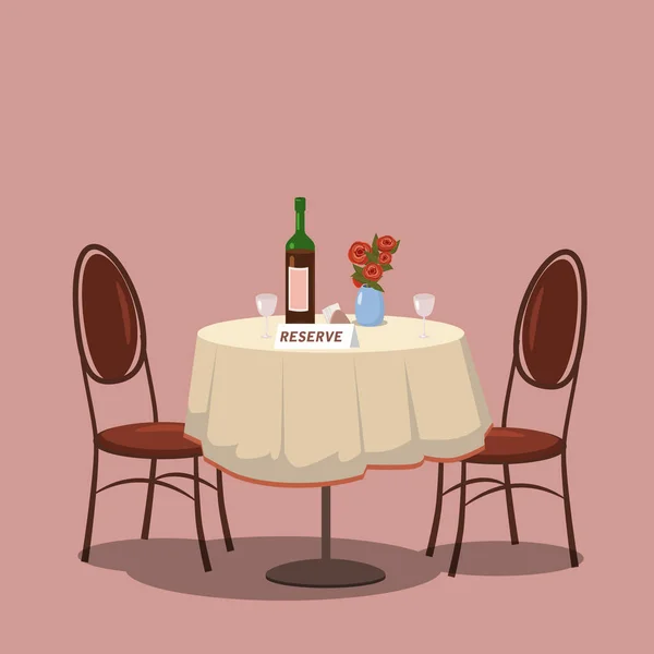 Saklıdır iki kişilik bir masa. Şarap şişesi ve iki gözlük, tablo, beyaz masa örtüsü, iki sandalye, Cafe çiçekler. Karikatür stil, şablon, vektör çizim, yalıtılmış