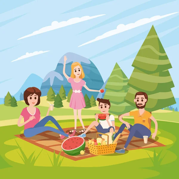 Glückliche Familie auf einem Picknick, Park, im Freien. Vater, Mutter, Sohn und Tochter ruhen und essen in der Natur, fotest. Vektorillustration im Cartoon-Stil — Stockvektor