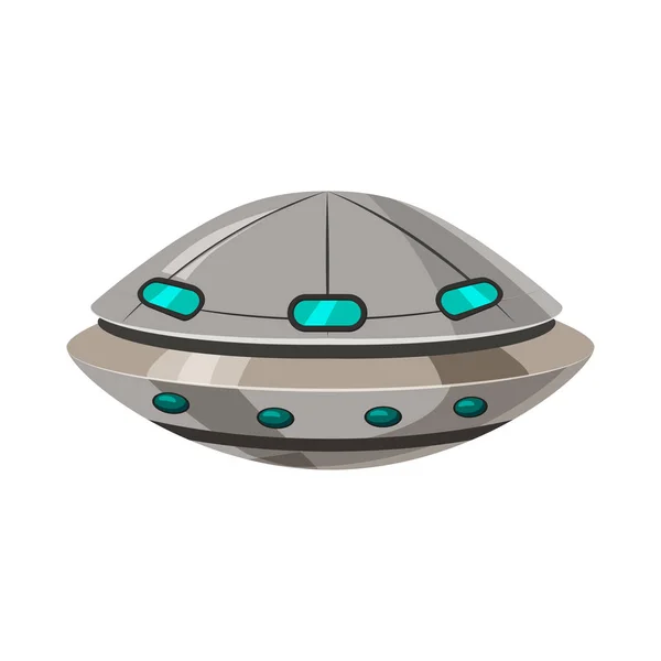 Nave espacial voadora Ufo isolada em estilo cartoon branco. Transporte alienígena futurista. Ilustração vetorial, banner, cartaz —  Vetores de Stock