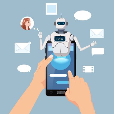 Smartphone ücretsiz sohbet Bot, Robot sanal yardım Smartphone Say Hello öğe Web sitesi veya mobil uygulamalar, yapay zeka kavramı karikatür vektör çizim üzerinde el ele tutuşur