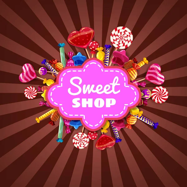 Candy Sweet Shop шаблон набор различных цветов конфет, конфет, сладостей, шоколадных конфет, желе бобы. Фон, плакат, баннер, вектор, изолированный, карикатурный стиль — стоковый вектор