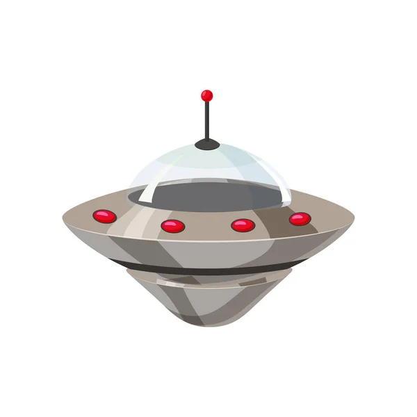 Ufo nave espacial de vuelo aislado en el estilo de dibujos animados blancos. Transporte alienígena futurista. Ilustración vectorial, baner, cartel — Vector de stock