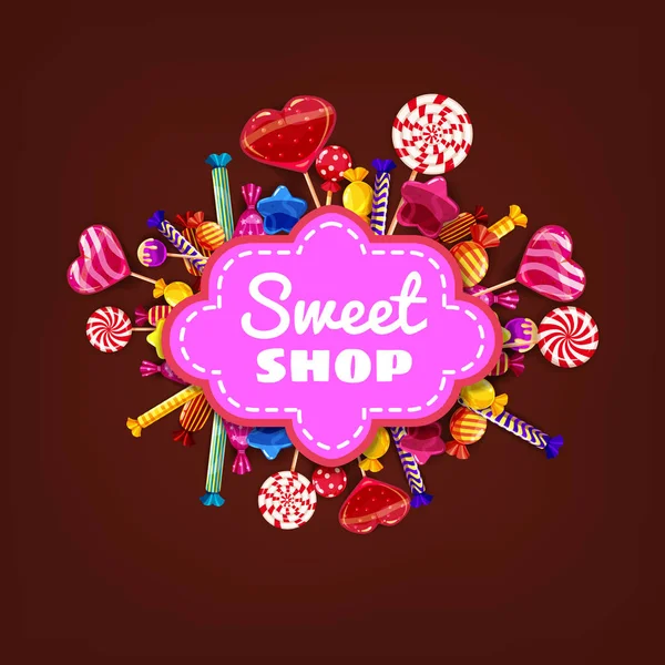 Conjunto de plantillas Candy Sweet Shop de diferentes colores de dulces, dulces, dulces, dulces de chocolate, frijoles jalea. Fondo, cartel, bandera, vector, aislado, estilo de dibujos animados — Vector de stock