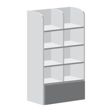 Rack raf süpermarket kat vitrinler üzerinde beyaz bir arka plan için. Reklam Pos POI. İnce beyaz. Düzen şablonu. Vektör çizim. İzole