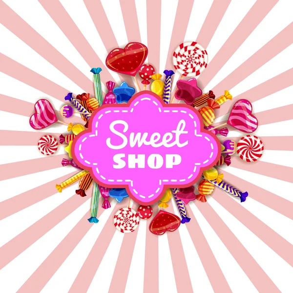 Sweet Shop Conjunto de plantillas de caramelo de diferentes colores de dulces, dulces, dulces de chocolate, caramelos de jalea. Fondo, cartel, bandera, vector, aislado, estilo de dibujos animados — Vector de stock