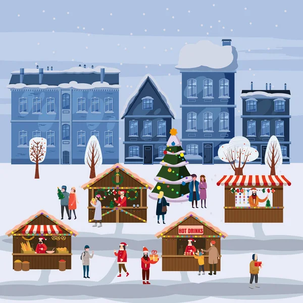 크리스마스 시장 또는 휴일 야외 광장에 공정. 크리스마스 트리입니다. 사람들이 장식된 포장 마차, 캐노피 또는 키오스크, 간식, 선물, 장식 및 마시는 뜨거운 커피, 차 및 — 스톡 벡터