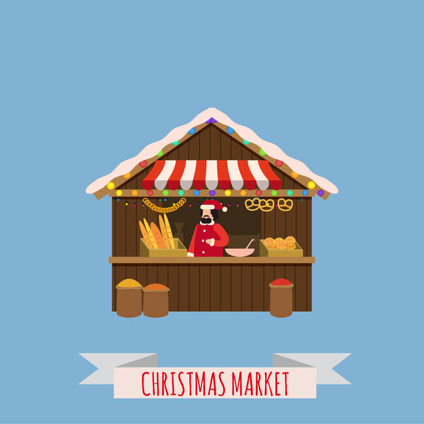 Рождественские ларьки, продавцы навесов с новогодними подарками. Рождественская пекарня, хлебные лавки с багелем, чиабаттой, багетом. Рождественская ярмарка деревянных киосков векторная иллюстрация. Шаблон, изолированный
