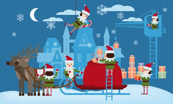 Joyeux Noël et bonne année. Les aides elfes recueillent des cadeaux dans le sac du Père Noël, traîneau avec des cerfs fabuleux, le palais du Père Noël en arrière-plan. Modèle d'atterrissage pour la page de destination — Image vectorielle