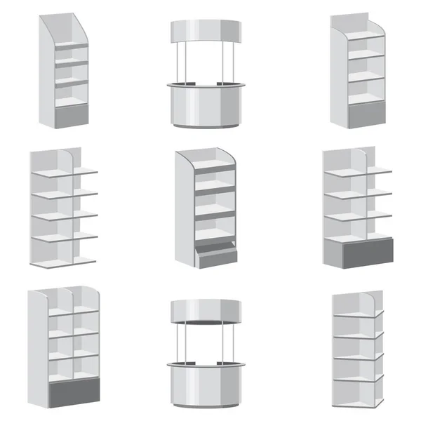 Definir rodada Publicidade POS POI, prateleiras de rack para vitrines de piso de supermercado em um fundo branco. Branco esbelto. Modelo de layout. Ilustração vetorial. Isolados —  Vetores de Stock