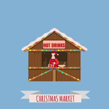 Noel Pazar tezgahları, gölgelik satıcı ile yeni yıl sıcak içecekler. Xmas mulled asma, kahve, çay. Noel adil ahşap kiosklar illüstrasyon vektör. Şablon, izole