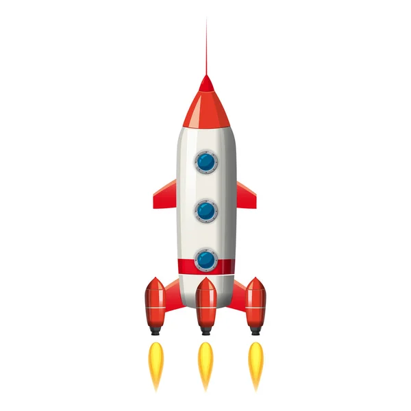 Nave espacial cohete, ilustración vectorial aislada. Icono de nave retro simple. Estilo de dibujos animados, sobre fondo blanco, cartel, bandera — Vector de stock