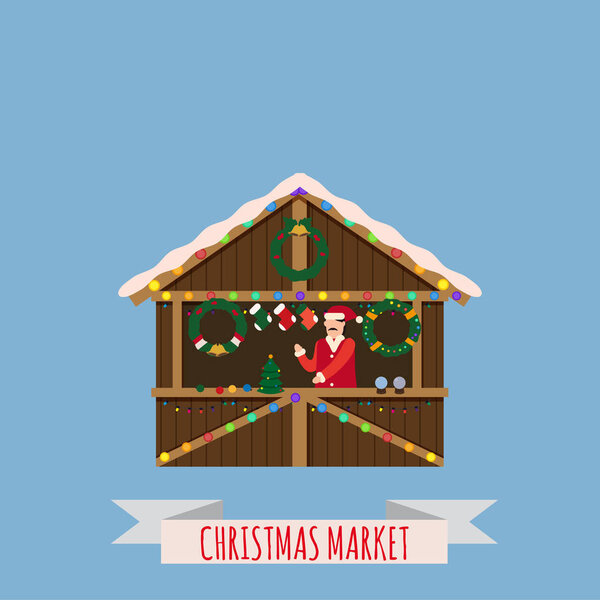Рождественские ларьки, продавцы балдахинов с новогодними украшениями. Рождественский венок, шары, ели, украшения. Рождественская ярмарка деревянных киосков векторная иллюстрация. Шаблон, изолированный
