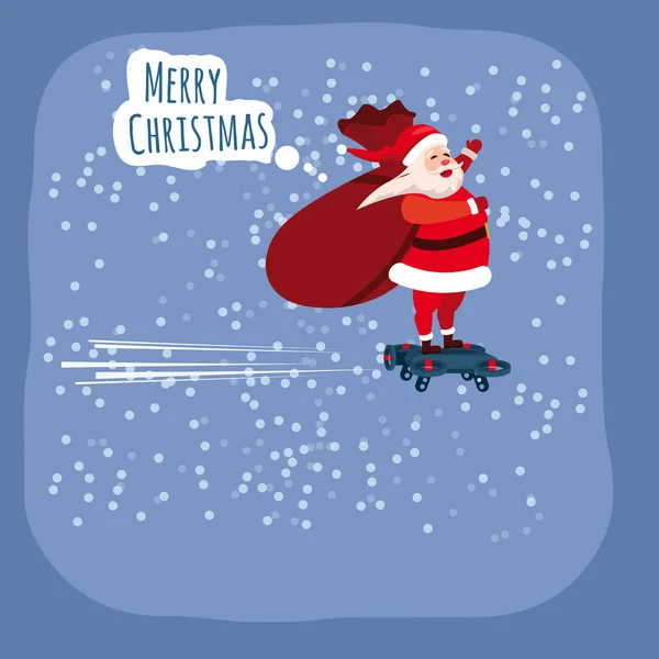 Santa Claus on a hoverboard flies with a bag of gifts around the Earth. Congratulations on a Merry Christmas and Happy New Year. Vector, banner, poster, greeting card, illustration, isolated — Stock Vector