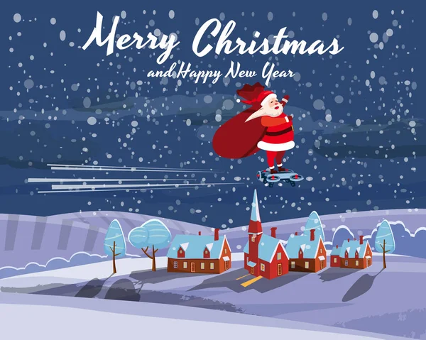 Santa Claus en un hoverboard vuela con una bolsa de regalos alrededor de la Tierra. Felicidades por una Feliz Navidad y Feliz Año Nuevo. Vector, banner, póster, tarjeta de felicitación, ilustración, aislado — Vector de stock