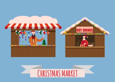 Noel Pazar tezgahları, gölgelik satıcı ile yeni yıl süslemeleri, hediyeler ile. Xmas ekmek, simit, ciabatta, baget ve mulled asma, kahve, çay ile ekmek dükkan. Noel adil ahşap kiosklar vektör