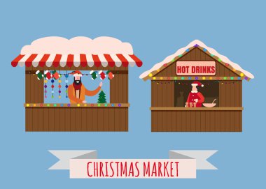 Christmas market stalls, canopy seller with with New Year decorations, gifts. Xmas bakery, bread shops with bagel, ciabatta, baguette and mulled vine, coffe, tea. Christmas fair wooden kiosks vector clipart