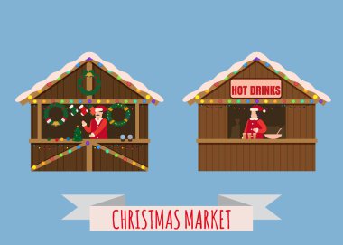 Christmas market stalls, canopy seller with with New Year decorations, gifts and hot drinks. Xmas mulled vine, coffe, tea, wreath, balls, ate, decoration. Christmas fair wooden kiosks vector clipart