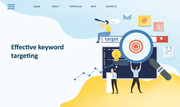 Etkili anahtar kelime araçları hedefleme. Mockup açılış sayfası Web sitesi tasarımı. Web sitesi ve mobil web sitesi için web sayfa tasarımı modern eğilim düz tasarım konsepti. Takım çalışması iş. Vektör çizimler. — Stok Vektör