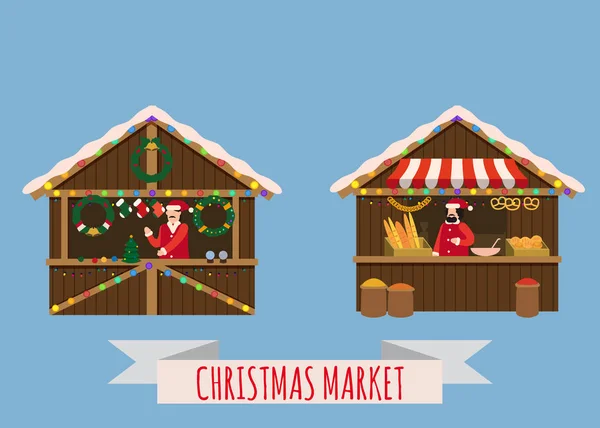 Karácsonyi piacon standokon, lombkorona eladó új év dekorációk, ajándékok. Xmas sütőipari, kenyér bolt bagel, ciabatta, baguette és koszorú, labdák, evett, dekoráció. Karácsonyi vásár fából készült kerti bódé — Stock Vector