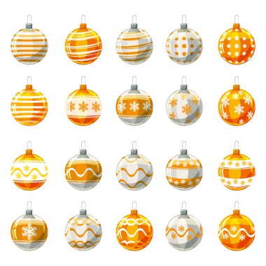 Dekore edilmiş beyaz arka plan, illüstrasyon, vektör, izole Noel topları sarı, altın renk kümesi