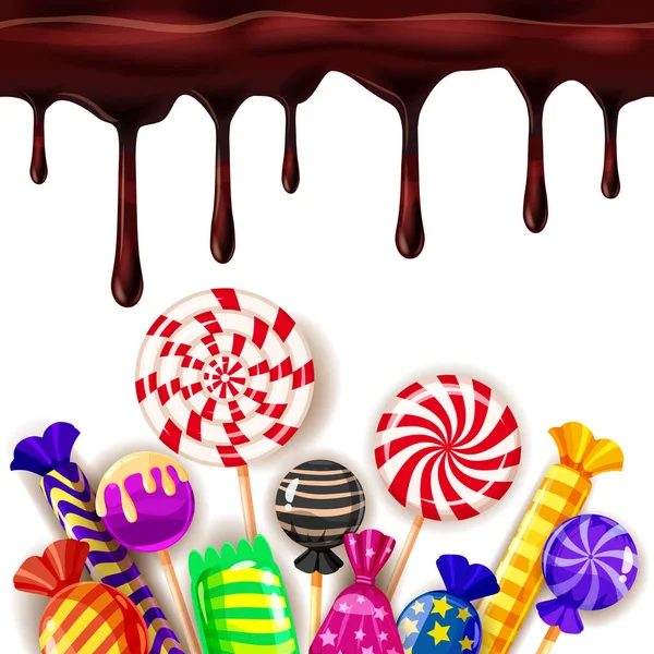 Candy Sweet Shop colourfull sjabloon set van verschillende kleuren van snoep, snoepjes, gelei bonen met chocolade druppels. Achtergrond, poster, banner, vector, geïsoleerd, cartoon stijl — Stockvector