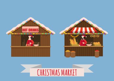 Noel Pazar tezgahları, gölgelik satıcı ile yeni yıl ekmek, hediyeler ve sıcak içecekler. Xmas mulled asma, kahve, çay, ekmek, ekmek dükkan simit, ciabatta, baget ile. Noel adil ahşap kiosklar