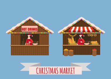 Christmas market stalls, canopy seller with with New Year bakery, gifts and hot drinks. Xmas mulled vine, coffe, tea, bakery, bread shops with bagel, ciabatta, baguette. Christmas fair wooden kiosks clipart