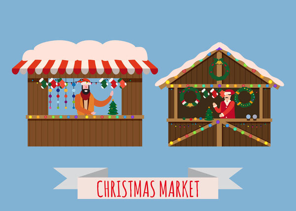 Рождественские ларьки, продавцы балдахинов с новогодними украшениями. Рождественский венок, шары, ели, украшения. Рождественская ярмарка деревянных киосков векторная иллюстрация. Шаблон, изолированный
