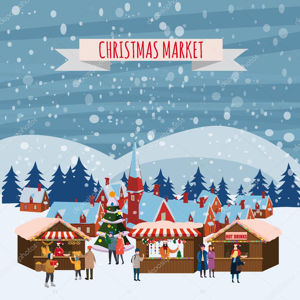 Christmas market or holiday outdoor fair on town square. People walking between decorated stalls, canopy or kiosks, buying snacks,gifts, decoration and drinking hot coffe, tea and mulled wine