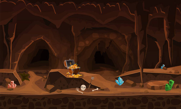 Treasure cave with chest gold coins, gems. Concept, art for computer game. Background image to use games, apps, banners, graphics. Vector cartoon illustration