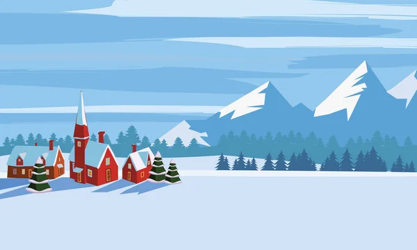 Winterlandschaft, Cartoon Minimal Style. Horizont, Panorama, schneebedeckte Bäume, Dorf, Berge, aß, Kiefer. Vektor, Illustration, isoliert, Vorlage, Plakat, Banner — Stockvektor