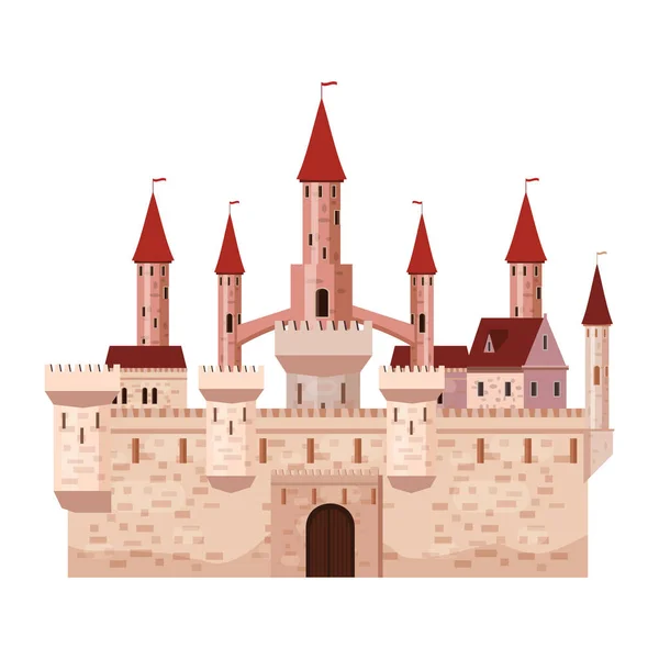 Zamek, twierdza, starożytne, architektura średniowiecza Europy, średniowieczny Pałac z wieżami i stożkowym dachem, wektor, banery, na białym tle, ilustracja, rysunek styl — Wektor stockowy