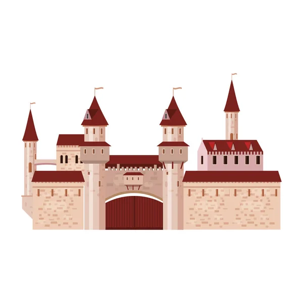 Castelo, fortaleza, antiga, arquitetura Idade Média Europa, Palácio medieval com torres altas e telhados cônicos, vetor, bandeiras, isolado, ilustração, estilo cartoon — Vetor de Stock